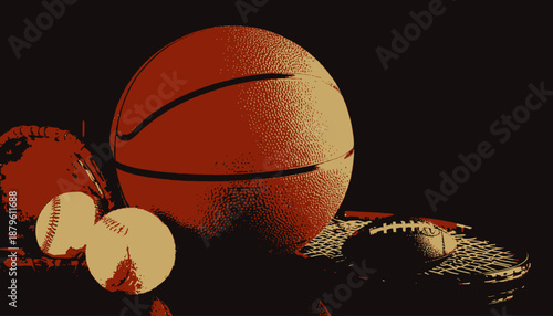 A still life of sports equipment rendered in brown and beige tones against a black background