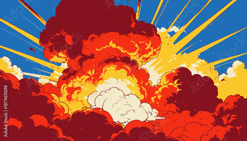 Stylized illustration of an explosion with bold colors.  Flames and clouds against a blue sky