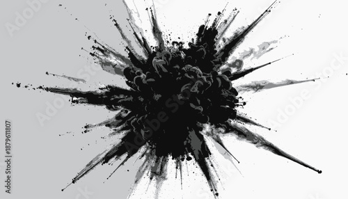 A grayscale explosion erupts from the center, radiating outward with jagged shapes and textures