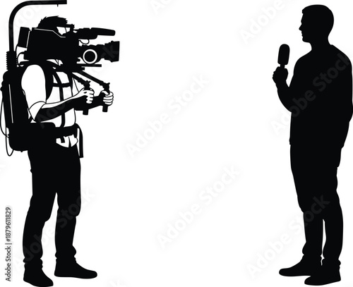 Media interview silhouette vector, cameraman and reporter icon, black journalism scene, broadcast equipment design