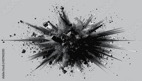 A grayscale explosion with a central mass and radiating shards against a neutral background