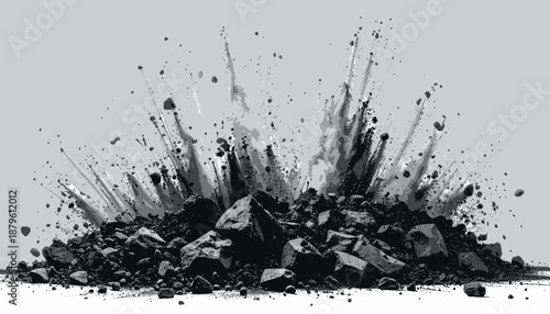 Monochrome illustration of an explosion, featuring fragmented rocks bursting upwards with a pale background