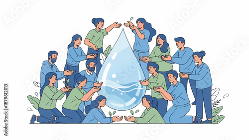 Illustration of a diverse group of people working together to hold and support a large water droplet in a collaborative and eco-friendly setting with a calming blue and green color scheme.