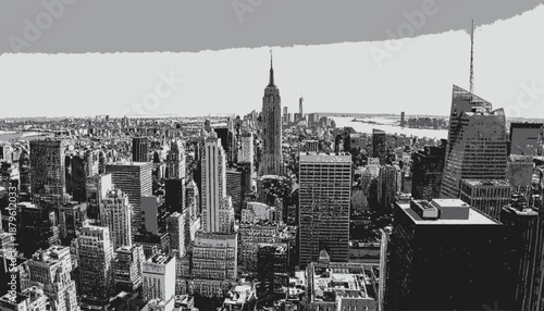 A grayscale, high-angle view of a sprawling metropolis with towering skyscrapers under a cloudy sky
