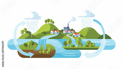A colorful illustration of a village on green hills surrounded by a winding river, with rain showers and clouds in the background, depicting a water cycle process in a stylized graphic.
