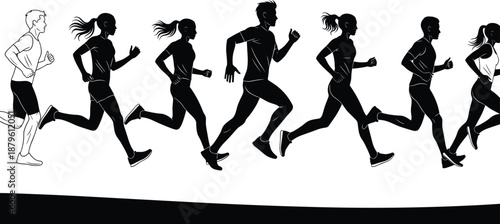 Running people silhouettes set, men and women jogging together, fitness sport concept isolated on white