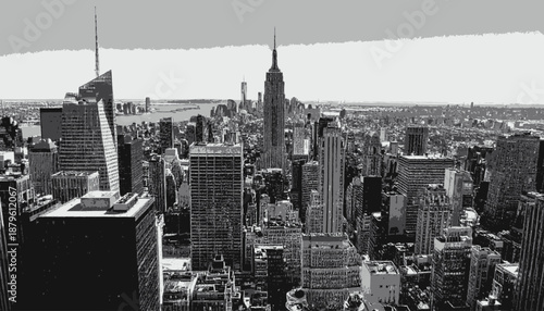 Black and white cityscape aerial view. Tall buildings and other structures dominate the skyline, and a sky
