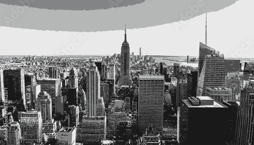 A grayscale, high-angle cityscape featuring multiple towering buildings under a cloudy sky