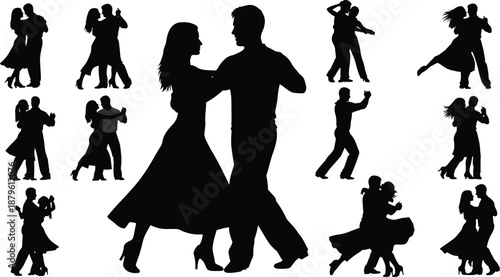 Romantic couple dancing silhouettes collection featuring ballroom tango salsa waltz partners elegant dance poses illustration