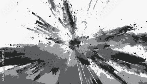 A grayscale explosion-like composition with varying shades of gray, centered with a white background