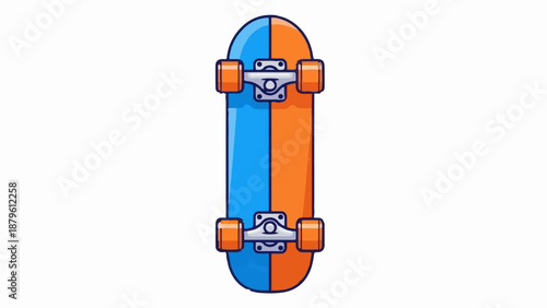 Vibrant split-color skateboard with orange wheels and silver trucks, isolated on white