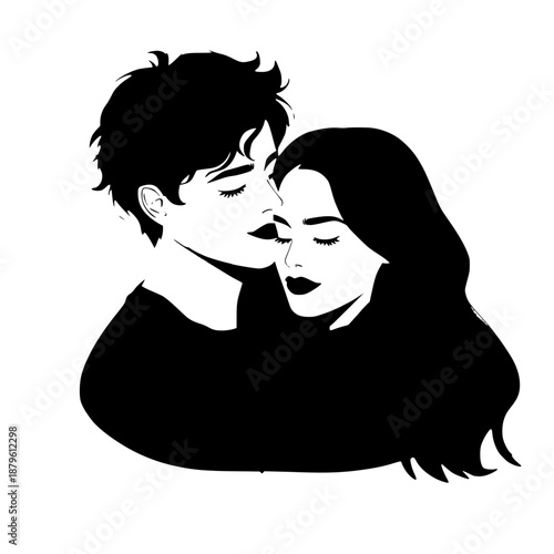 Woman and demon whispering secrets intimate moment gothic horror romance dark fantasy vector illustration
