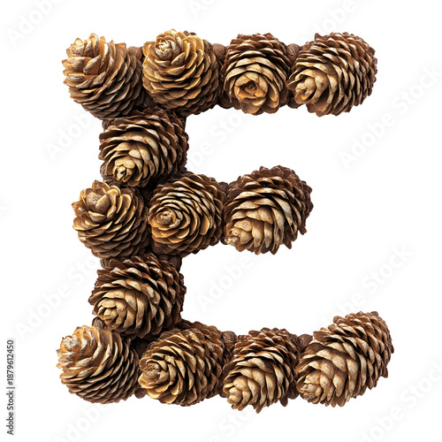 Top View of Letter E Made of Pine Cones Isolated on Transparent Background