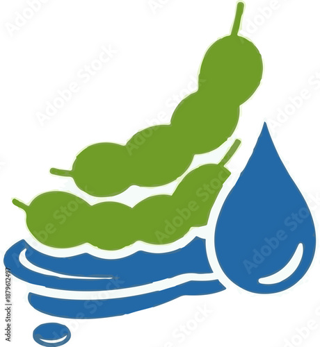 Two green pea pods above blue water with a single blue drop