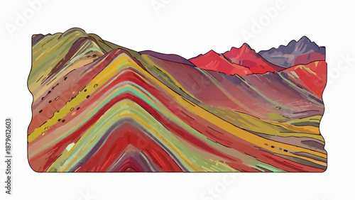 Vibrant, striated mountains showcase bands of red, yellow, green, and purple hues