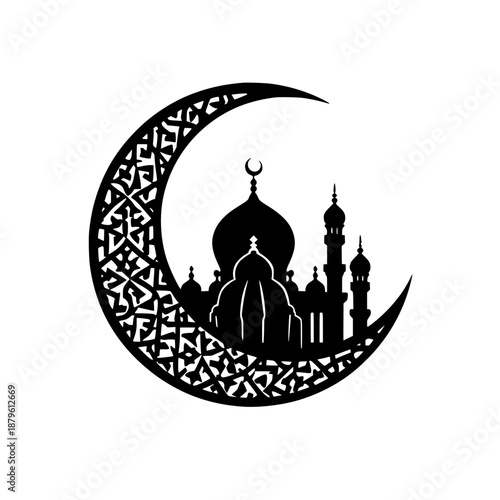 Islamic mosque under crescent moon with worshippers silhouette vector illustration flat design arabic architecture