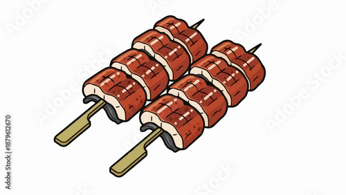 Two grilled skewers with segmented, glazed meat, on wooden sticks