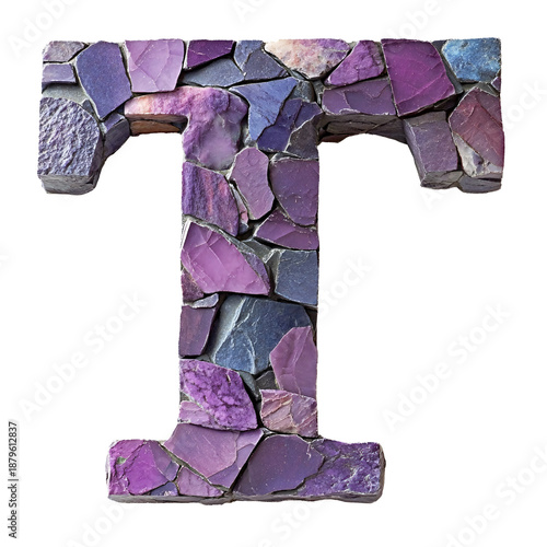 Top View of 3D Letter T Made of Purple Slate Isolated on Transparent Background