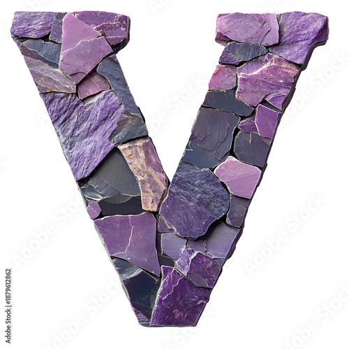 Top View of 3D Letter V Made of Purple Slate Isolated on Transparent Background