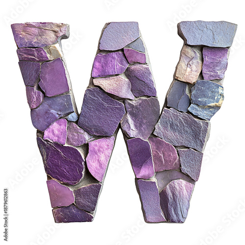 Top View of 3D Letter W Made of Purple Slate Isolated on Transparent Background