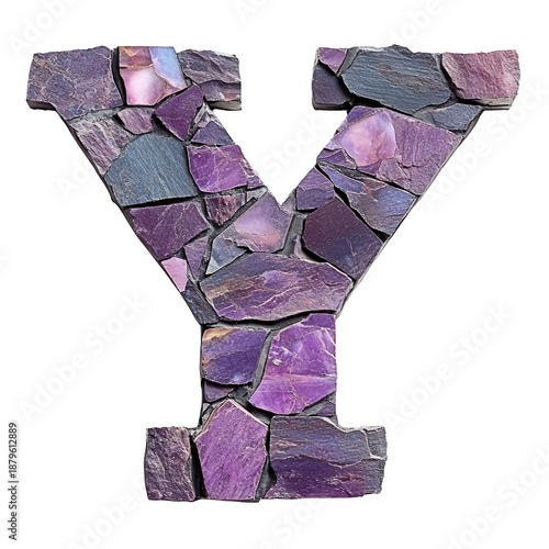 Top View of 3D Letter Y Made of Purple Slate Isolated on Transparent Background