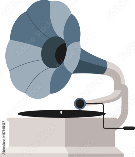 Vintage gramophone with horn, turntable, and crank on a white background