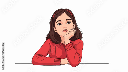 Young woman in a red sweater, resting chin on hand, with a thoughtful expression