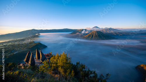 Obraz na plátně PanoBromo volcano (Gunung Bromo) during sunrise in Bromo Tengger Semeru National Park, East Java, Indonesia