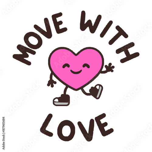 Cute Love Heart with Smiling Face Holding Key Move With Me Text Vector Illustration Flat Design