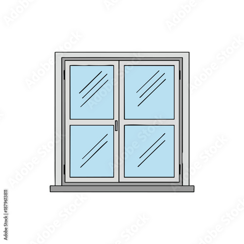 Illustration of a gray window frame with blue panes