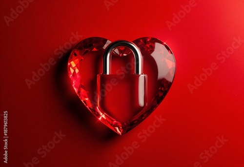 Heart lock red background minimal style love concept romantic shiny surface centered composition valentine emotional symbolic security