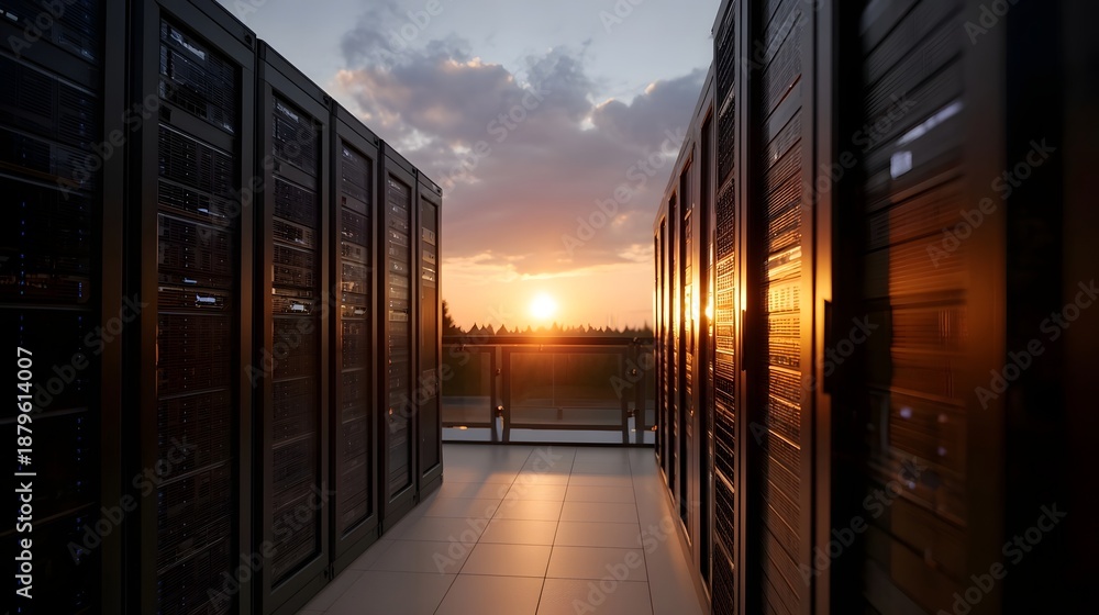 Fototapeta premium Modern server racks are positioned on an outdoor terrace illuminated by a dramatic golden sunset
