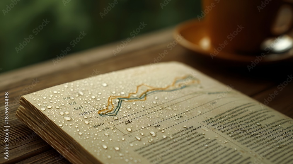 Naklejka premium Open book with financial chart covered in water droplets on a wooden table with coffee cup