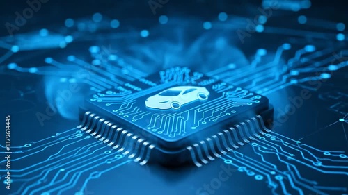 Autonomous Vehicle Chip Technology - This video shows a close-up of a microchip with a car icon on it, highlighting the integration of technology in autonomous vehicles.