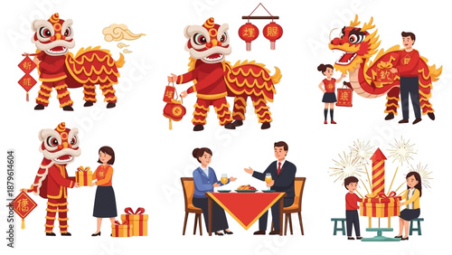 Illustrations of people celebrating Chinese New Year with dragon dance, lanterns, and traditional food in a vibrant, festive scene.