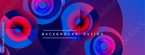 Abstract circles overlap, creating vibrant gradients. Purple, blue, pink hues dominate design. Text reads background design. Modern aesthetic.