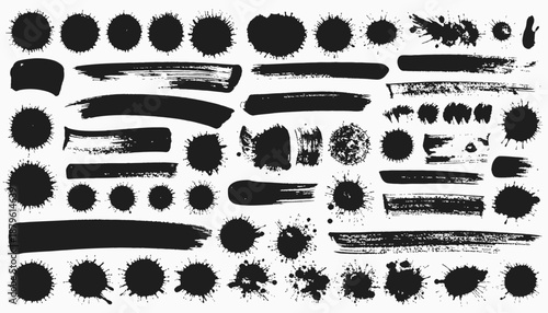Assorted vector elements featuring brush strokes, splatters, and ink blots in a monochrome palette