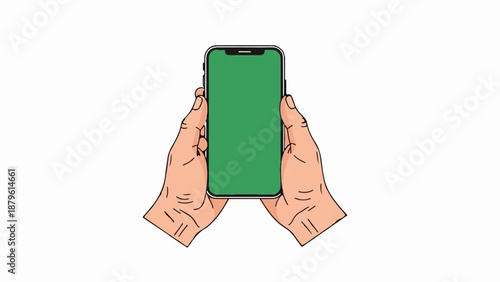 Two hands hold a smartphone with a green screen