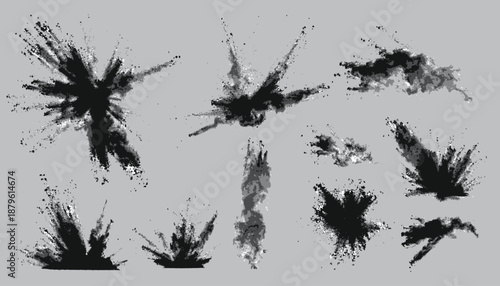 A collection of abstract explosions, rendered in grayscale, on a soft gray background