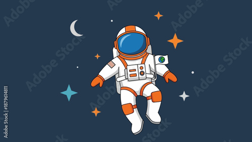 Astronaut floating in space with stars and moon, cartoon illustration