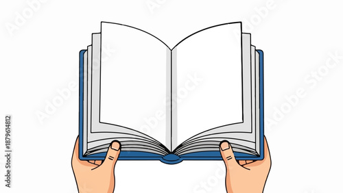 Two hands holding an open blue book with blank pages, ready for content