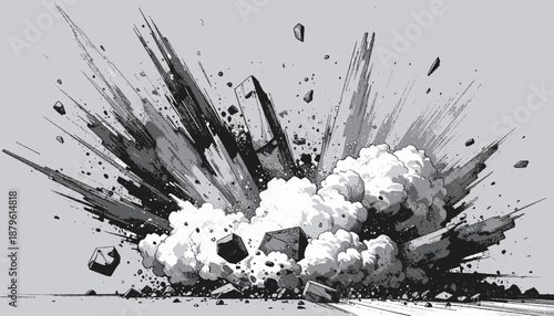 A black and white illustration of an explosion with debris, smoke and a soft gray background