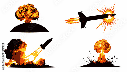 A set of stylized illustrations featuring explosions and a missile. White background