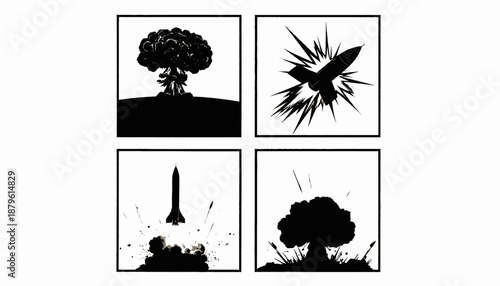 Comic strip depicting a nuclear explosion with a mushroom cloud and a missile launch