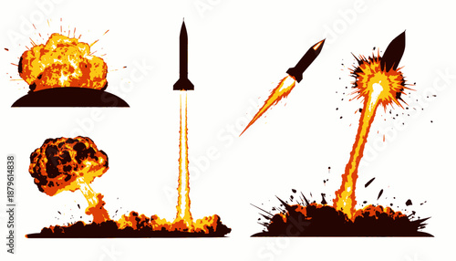 Several scenes depicting explosions and missiles in abstract art style, using shades of brown and yellow