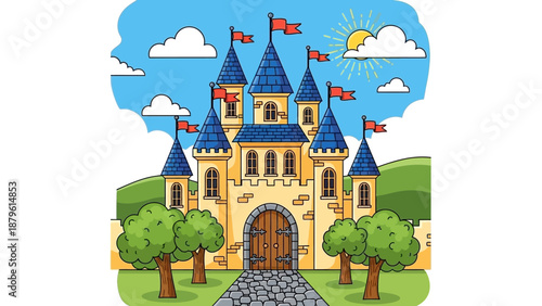 Cartoon Castle Fairytale Palace Exterior With Flags and Sun