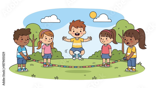 Children Jumping Rope Together Outdoors - Fun Childhood Activity