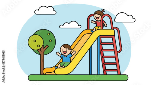 Children playing on a playground slide, having fun outdoors