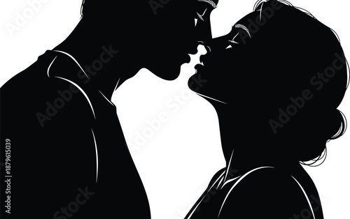 Silhouette of couple facing closely in intimate pose, black and white graphic, romantic connection theme, transparent background illustration