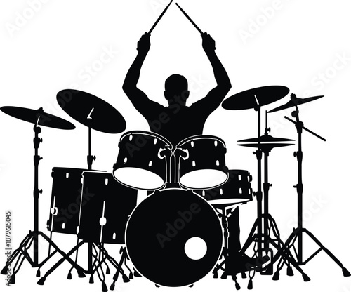 Silhouette of drummer playing full drum set, black and white graphic, musical performance energy, transparent background illustration